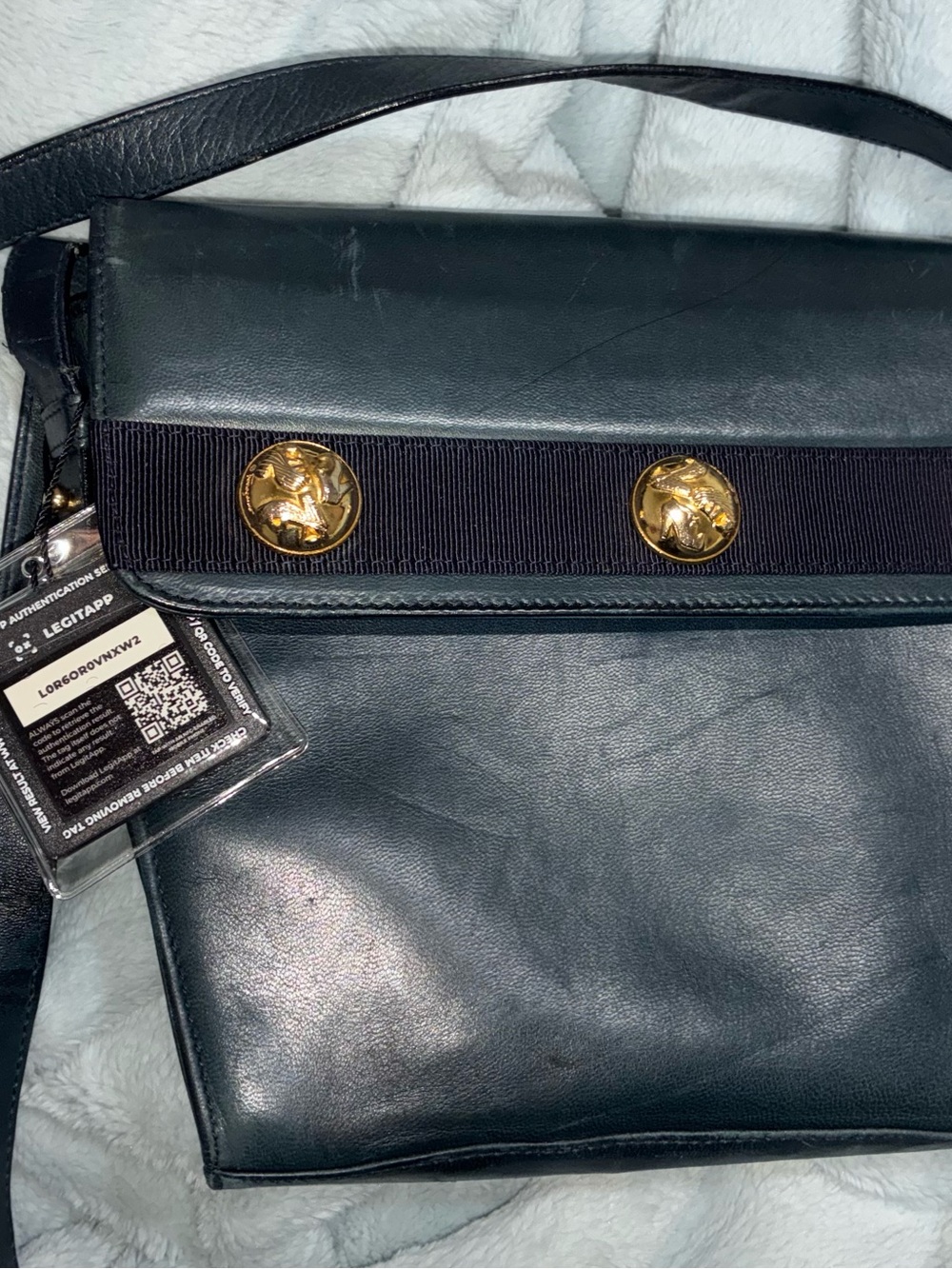 Salvatore Ferragamo Navy Blue Leather Crossbody with Gold Button Detail